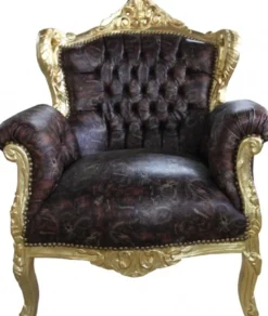 Casa Padrino Barock Sessel Lord Braun/Gold in Lederoptik, Massivholz, 100 x 78 x 58 cm