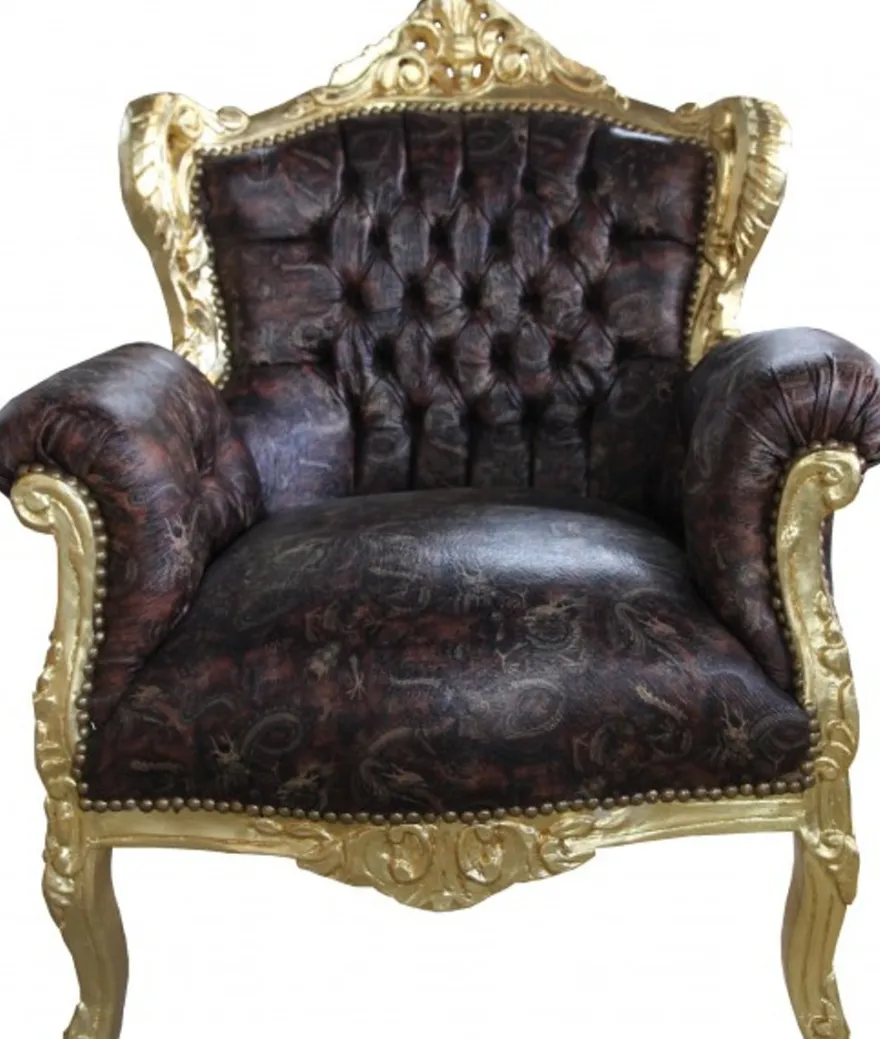Casa Padrino Barock Sessel Lord Braun/Gold in Lederoptik, Massivholz, 100 x 78 x 58 cm