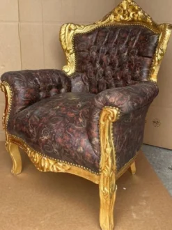 Casa Padrino Barock Sessel Mehrfarbig / Gold - Handgefertigter Massivholz Wohnzimmer Sessel mit Kunstleder - Antik Stil Wohnzimmer Sessel - Barock Wohnzimmer Möbel