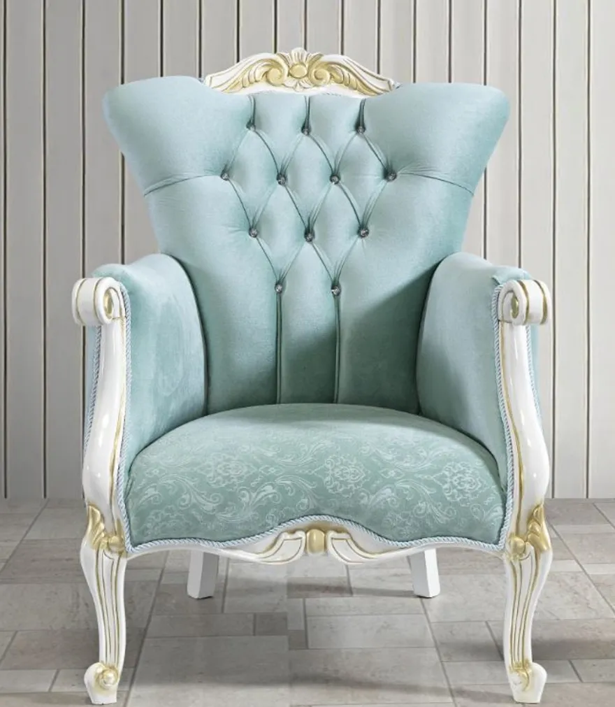 Casa Padrino Barock Sessel mit Glitzersteinen Hellgrün / Weiß / Gold 80 x 88 x H. 110 cm - Edle Barockstil Wohnzimmer Möbel