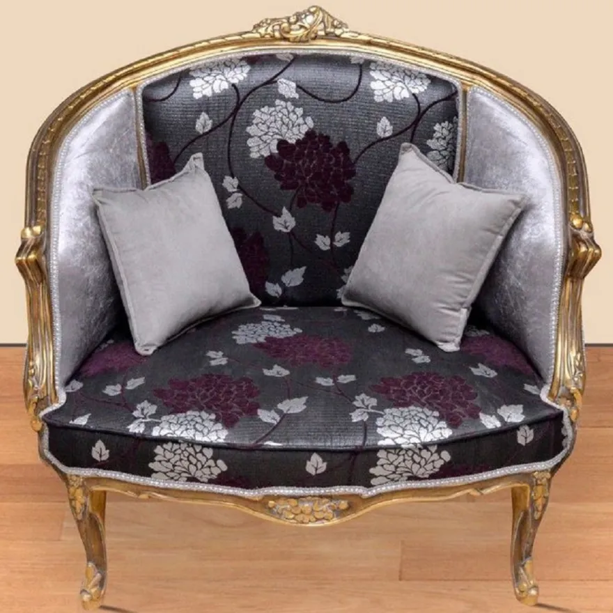Casa Padrino Barock Sessel mit elegantem Muster Schwarz / Lila / Silber / Gold - Barockstil Wohnzimmer Sessel - Antik Stil Sessel - Barockstil Wohnzimmer Möbel - Barock Möbel - Barock Einrichtung