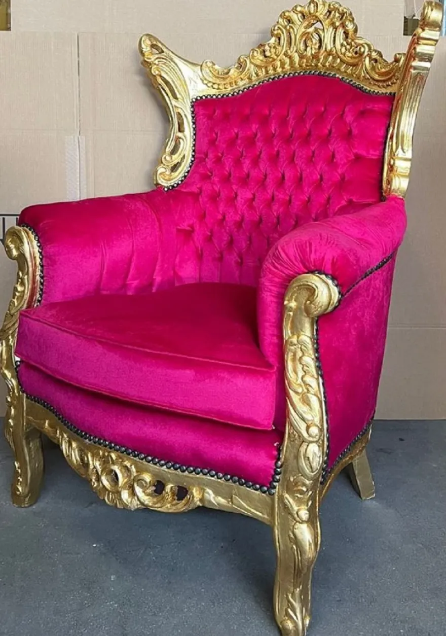Casa Padrino Barock Sessel Pink / Gold - Handgefertigter Massivholz Wohnzimmer Sessel - Antik Stil Wohnzimmer Sessel - Wohnzimmer Möbel im Barockstil - Barock Möbel