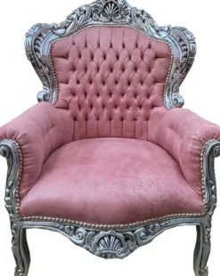 Casa Padrino Barock Sessel Rosa / Silber - Handgefertigter Massivholz Wohnzimmer Sessel mit Kunstleder - Antik Stil Wohnzimmer Sessel - Barock Wohnzimmer Möbel