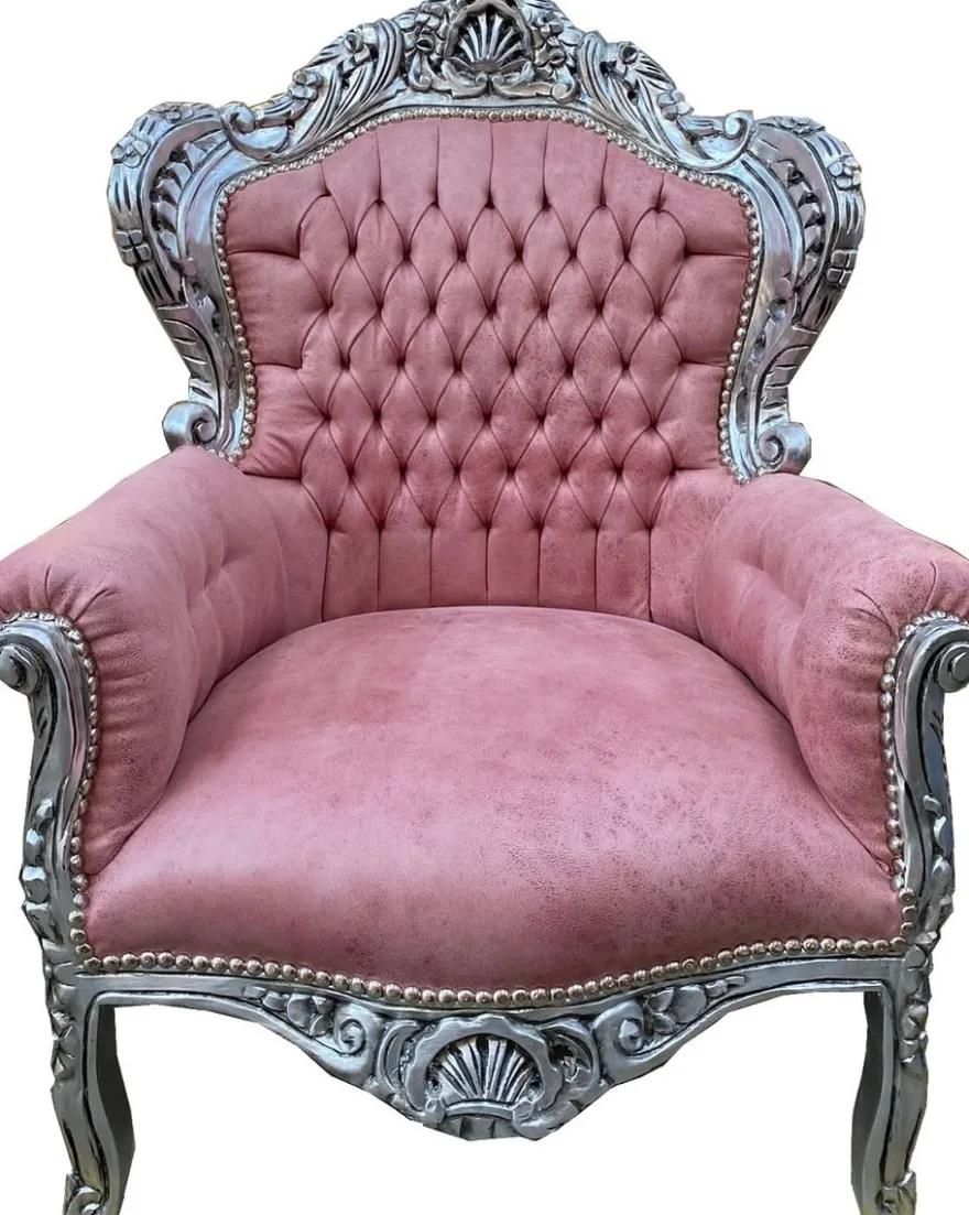 Casa Padrino Barock Sessel Rosa / Silber - Handgefertigter Massivholz Wohnzimmer Sessel mit Kunstleder - Antik Stil Wohnzimmer Sessel - Barock Wohnzimmer Möbel