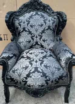 Casa Padrino Barock Sessel Silber Muster / Schwarz - Handgefertigter Massivholz Wohnzimmer Sessel - Antik Stil Wohnzimmer Sessel - Wohnzimmer Möbel im Barockstil - Barock Möbel
