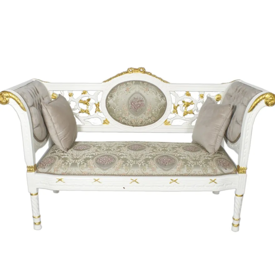 Casa Padrino Barock Sitzbank Grau Creme Muster / Weiß Gold 155 x 50 x H. 70 cm - Antikstil Sitzbank