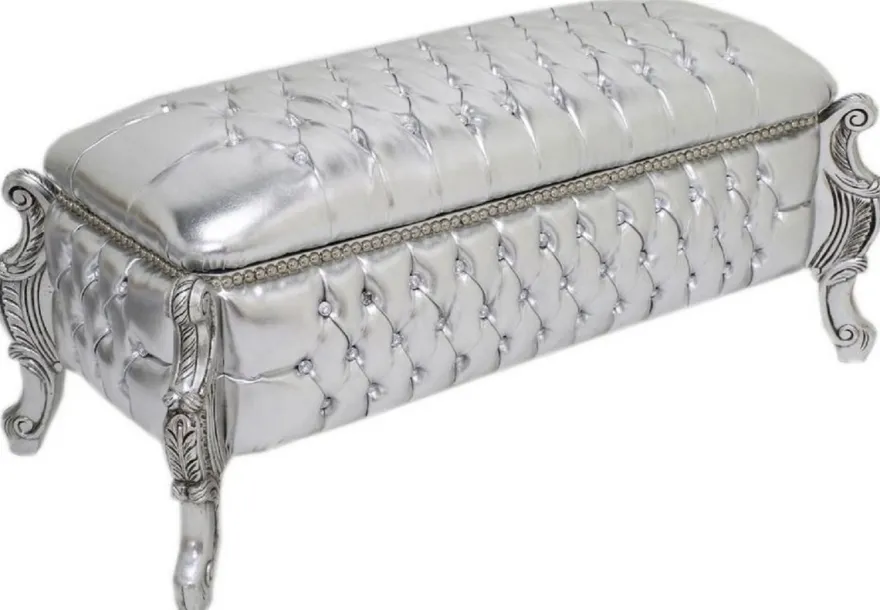 Casa Padrino Barock Sitzbank / Truhe Silber Lederoptik / Silber - Gepolsterte Massivholz Bank mit Glitzersteinen - Möbel im Barockstil