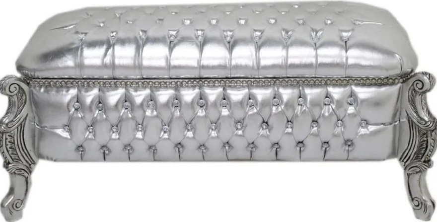 Casa Padrino Barock Sitzbank / Truhe Silber Lederoptik / Silber - Gepolsterte Massivholz Bank mit Glitzersteinen - Möbel im Barockstil