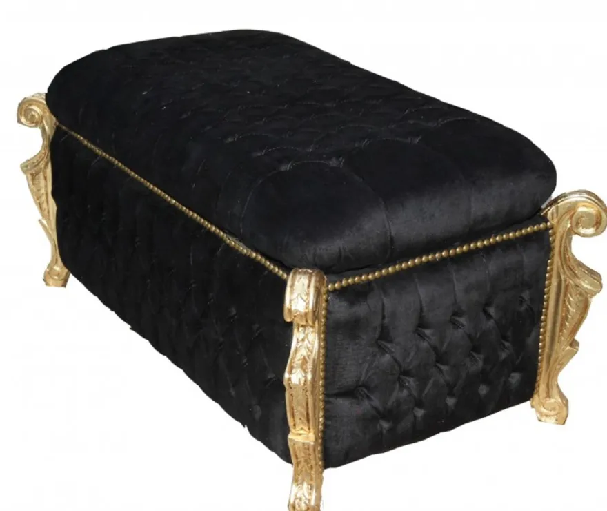 Casa Padrino Barock Sitzbank Truhe Schwarz/Gold mit Bling Bling Glitzersteinen - Antik Truhe 105 x 55 x 55 cm