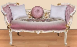 Casa Padrino Barock Sitzbank Rosa / Mehrfarbig / Weiß / Gold 150 x 55 x H. 80 cm - Prunkvolle Massivholz Bank mit edlem Blumenmuster - Barock Möbel