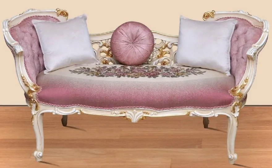 Casa Padrino Barock Sitzbank Rosa / Mehrfarbig / Weiß / Gold 150 x 55 x H. 80 cm - Prunkvolle Massivholz Bank mit edlem Blumenmuster - Barock Möbel