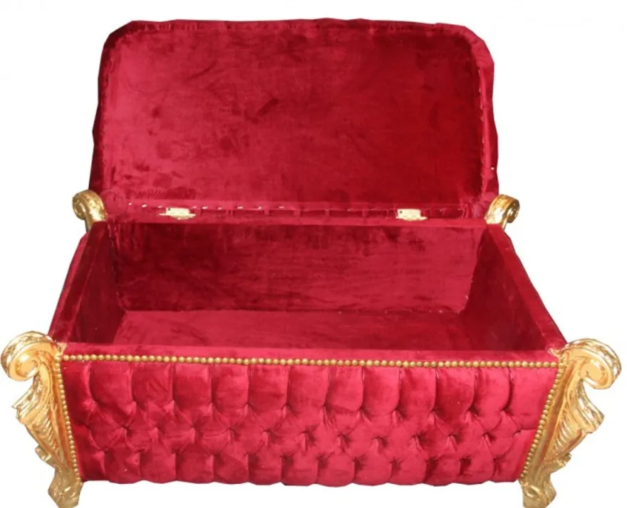Casa Padrino Barock Sitzbank Truhe im Antik Stil, Bordeaux Rot und Gold mit Glitzersteinen, 105 x 55 x 55 cm