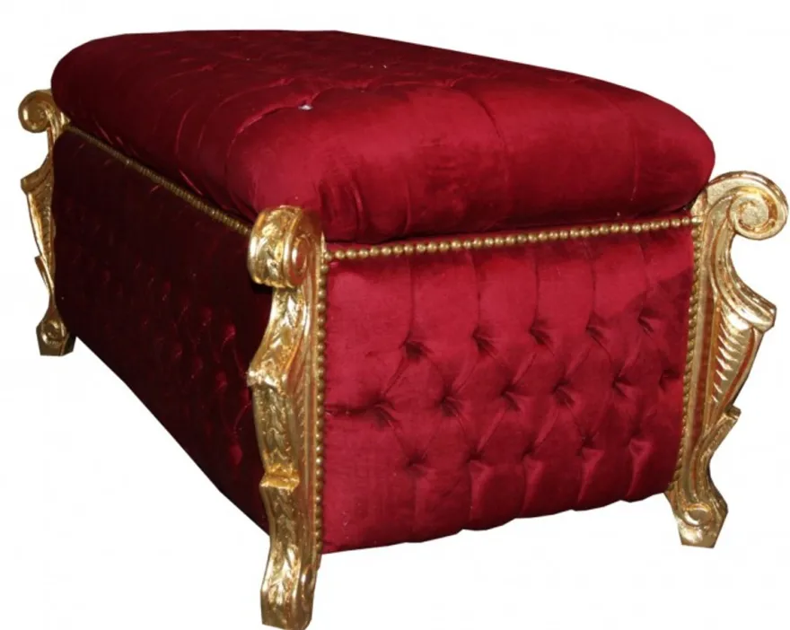Casa Padrino Barock Sitzbank Truhe im Antik Stil, Bordeaux Rot und Gold mit Glitzersteinen, 105 x 55 x 55 cm