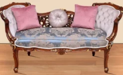Casa Padrino Barock Sitzbank Blau / Beige / Braun / Gold 150 x 55 x H. 80 cm - Prunkvolle Massivholz Bank mit edlem Blumenmuster - Möbel im Barockstil