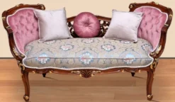Casa Padrino Barock Sitzbank Mehrfarbig / Rosa / Braun / Gold 150 x 55 x H. 80 cm - Prunkvolle Massivholz Bank mit edlem Blumenmuster - Möbel im Barockstil