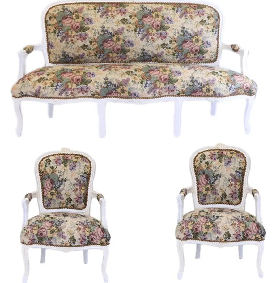 Casa Padrino Barock Sitzbank Set Blumen Muster / Antik Stil Weiß - 1 Sofa + 2 Sessel