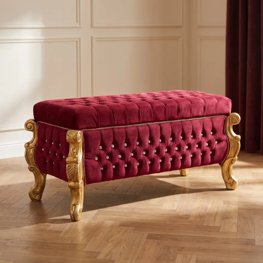 Casa Padrino Barock Sitzbank - Truhe mit Glitzersteinen Bordeauxrot / Gold - Barock Möbel