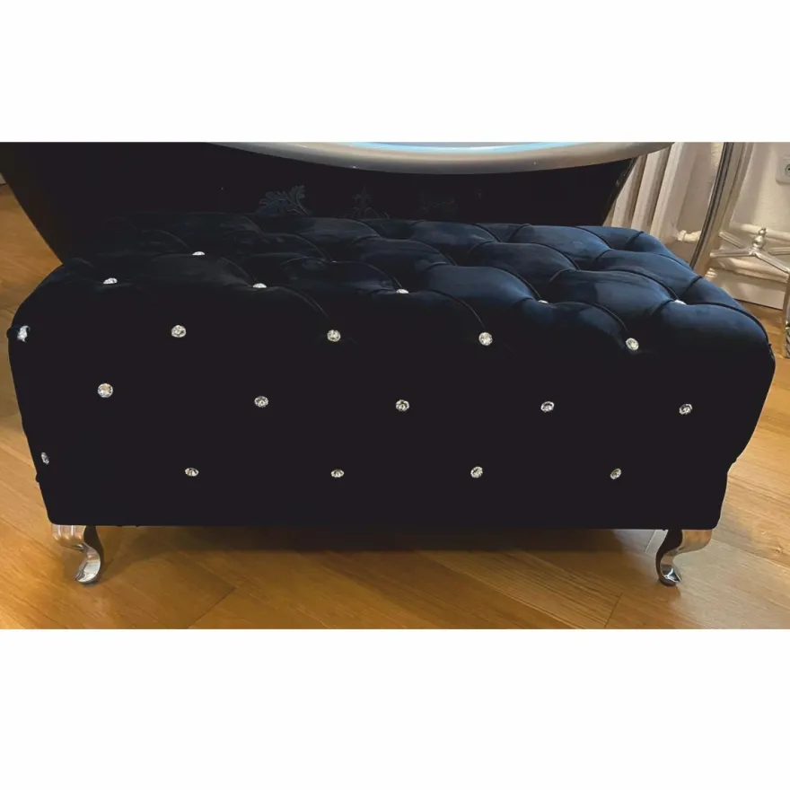 Casa Padrino Barock Sitzbank mit Glitzersteinen Schwarz / Silber 100 cm - Barock Möbel