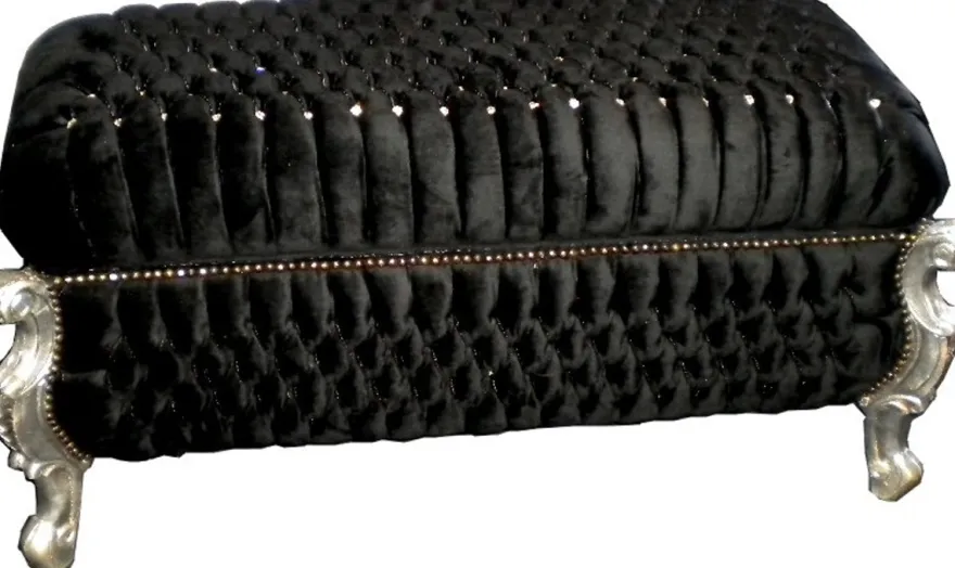 Casa Padrino Barock Sitzbank Truhe im Antik Stil, Schwarz / Silber mit Bling Bling Steinen, 120 x 55 x 58 cm