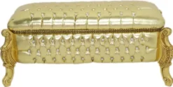 Casa Padrino Barock Sitzbank / Truhe Gold Lederoptik / Gold - Gepolsterte Massivholz Bank mit Glitzersteinen - Möbel im Barockstil