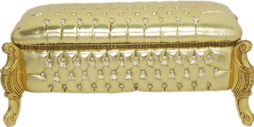 Casa Padrino Barock Sitzbank / Truhe Gold Lederoptik / Gold - Gepolsterte Massivholz Bank mit Glitzersteinen - Möbel im Barockstil