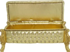 Casa Padrino Barock Sitzbank / Truhe Gold Lederoptik / Gold - Gepolsterte Massivholz Bank mit Glitzersteinen - Möbel im Barockstil