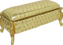 Casa Padrino Barock Sitzbank / Truhe Gold Lederoptik / Gold - Gepolsterte Massivholz Bank mit Glitzersteinen - Möbel im Barockstil