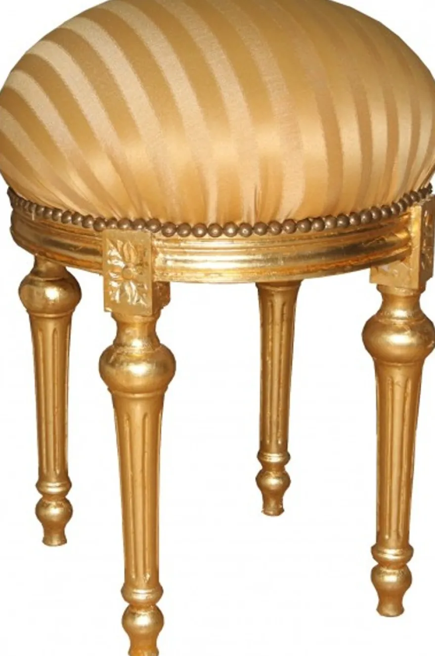Casa Padrino Barock Sitzhocker - Rundhocker Gold Creme Streifen / Gold Ø 45 x H. 60 cm - Barock Hocker Möbel