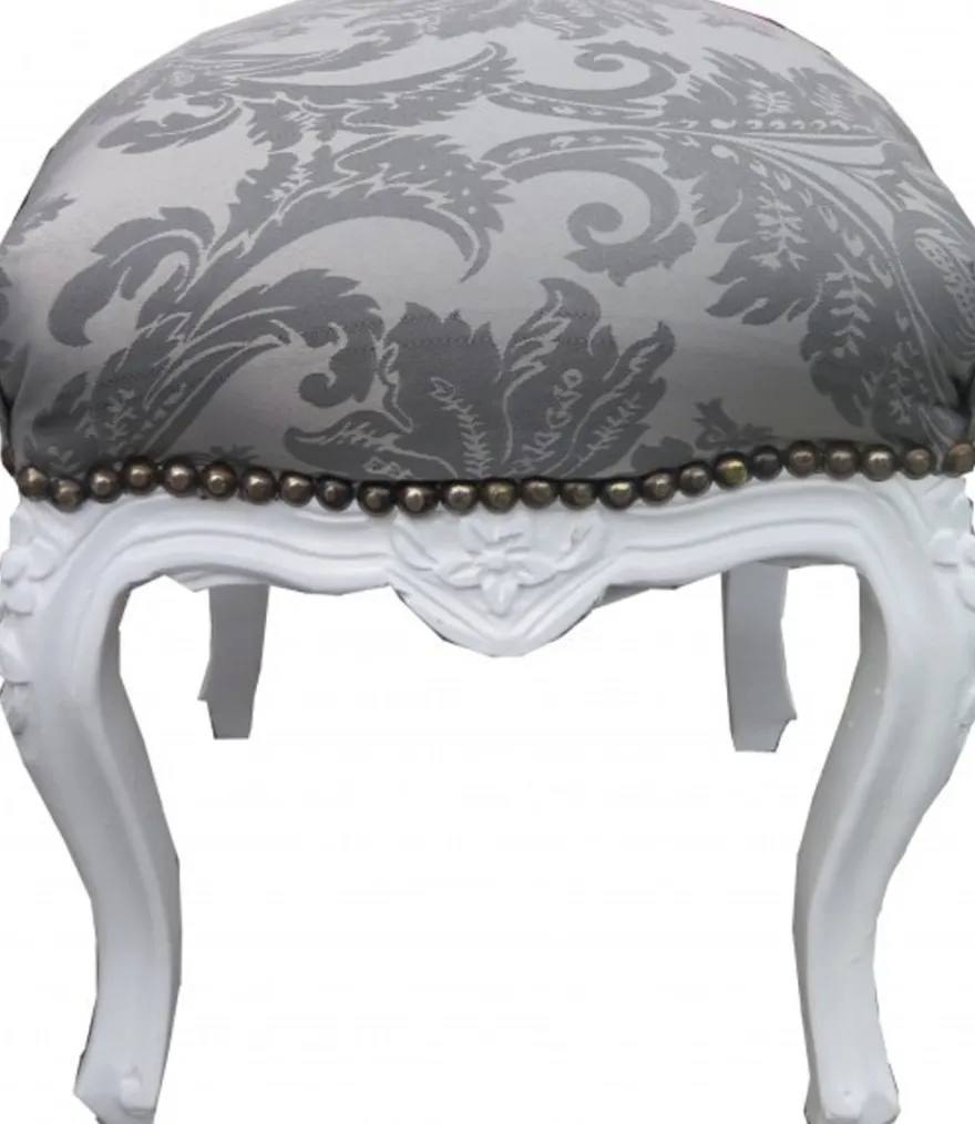Casa Padrino Barock Sitzhocker Grau Muster / Weiß Höhe 40 cm, Breite 35 cm - Barock Möbel