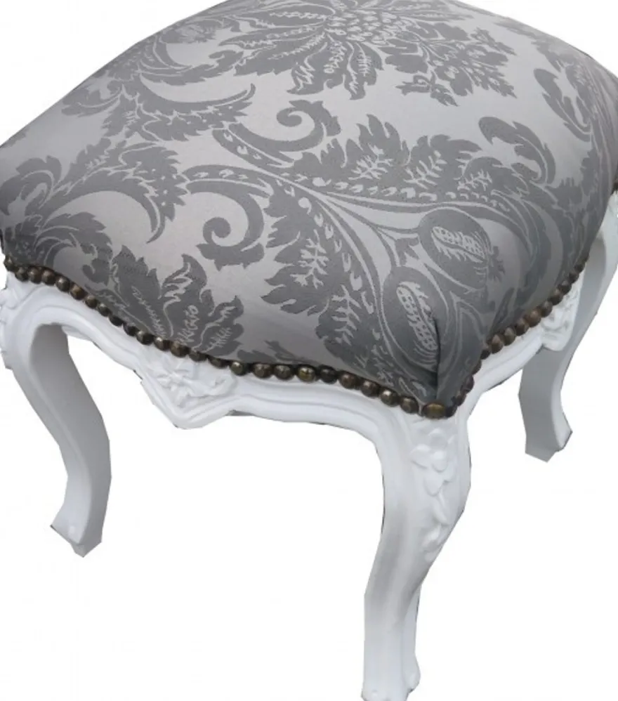 Casa Padrino Barock Sitzhocker Grau Muster / Weiß Höhe 40 cm, Breite 35 cm - Barock Möbel