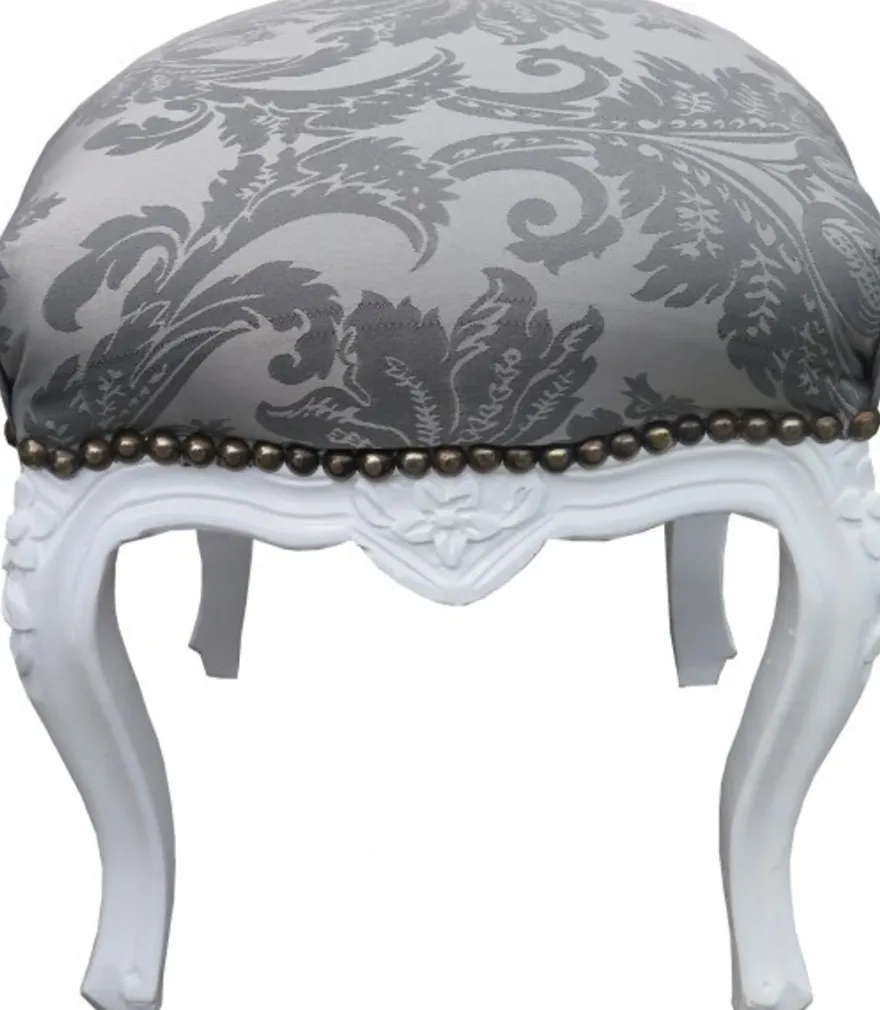 Casa Padrino Barock Sitzhocker Grau Muster / Weiß Höhe 40 cm, Breite 35 cm - Barock Möbel
