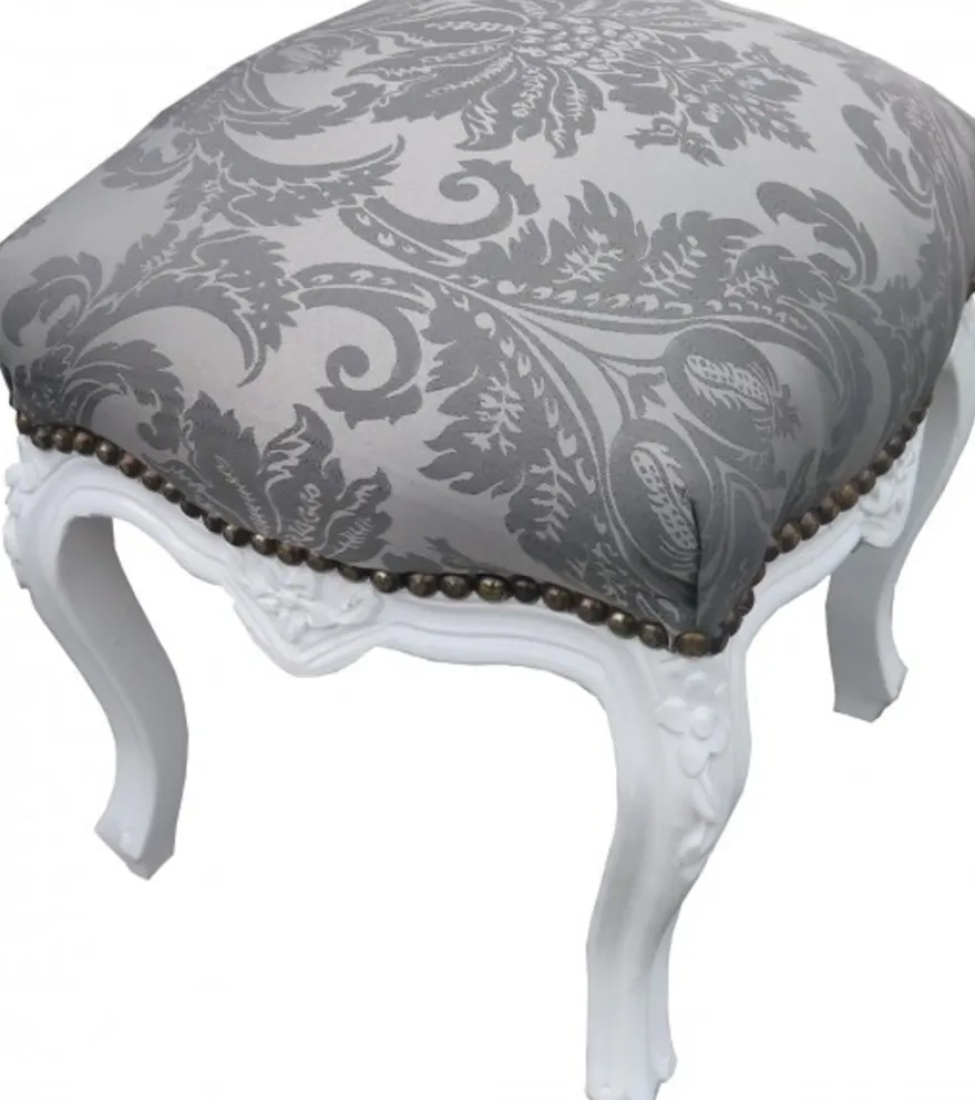 Casa Padrino Barock Sitzhocker Grau Muster / Weiß Höhe 40 cm, Breite 35 cm - Barock Möbel
