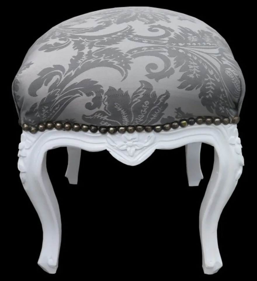 Casa Padrino Barock Sitzhocker Grau Muster / Weiß Höhe 40 cm, Breite 35 cm - Barock Möbel