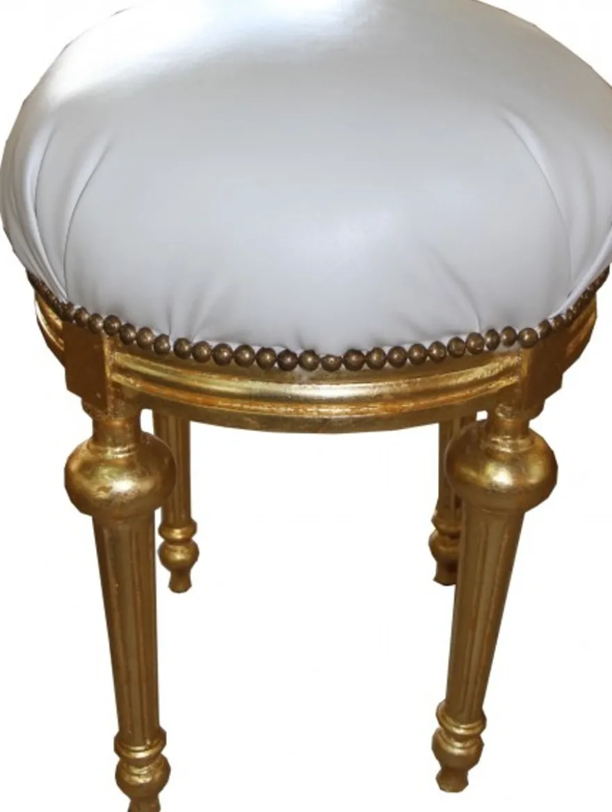 Casa Padrino Barock Sitzhocker - Rundhocker Weiß Lederoptik / Gold - Barock Hocker Möbel