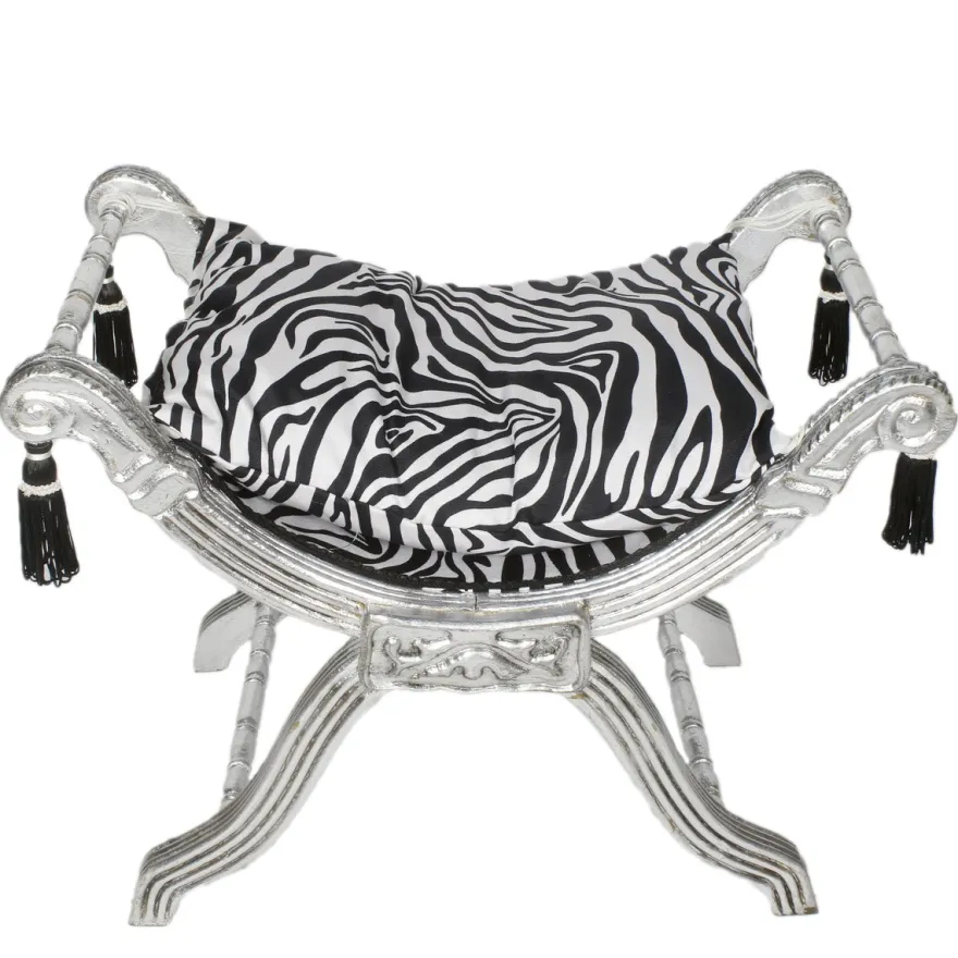 Casa Padrino Barock Sitzhocker - Kreuzhocker Zebra / Silber - Möbel