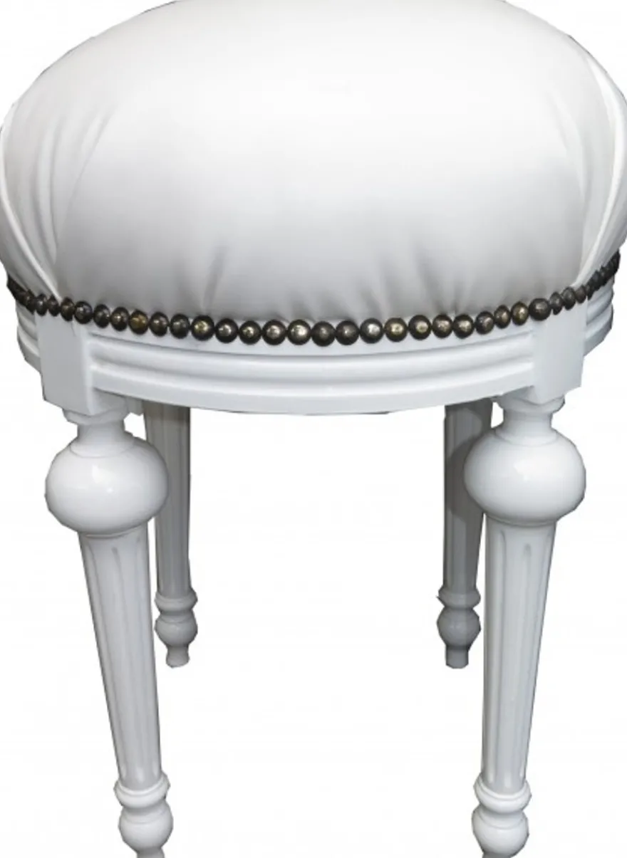 Casa Padrino Barock Sitzhocker - Rundhocker Weiß Lederoptik / Weiß - Barock Hocker Möbel