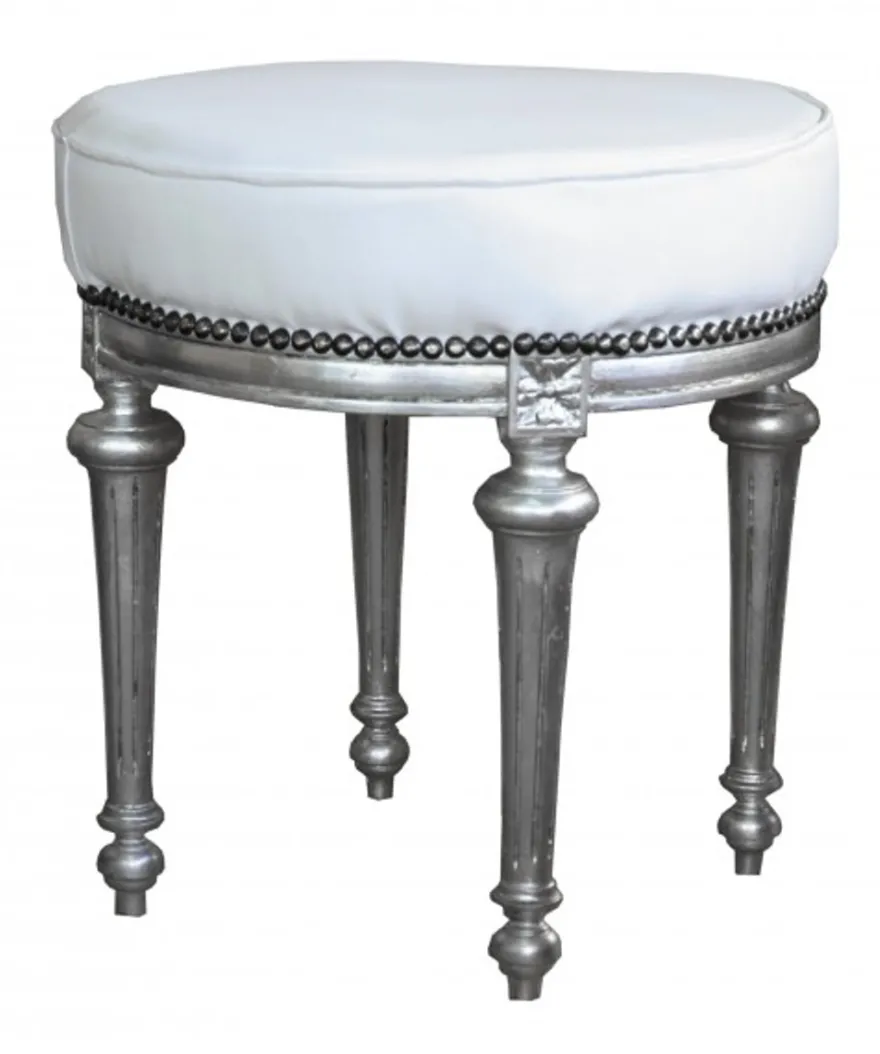 Casa Padrino Barock Sitzhocker / Rundhocker Weiß / Silber