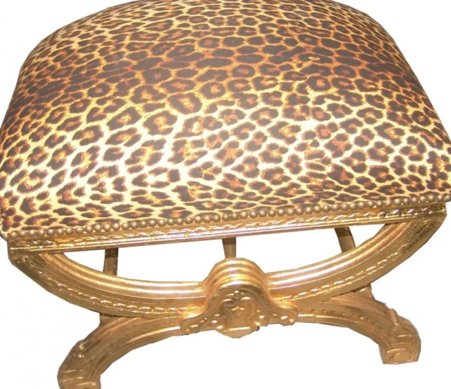 Casa Padrino Barock Sitzhocker / Kreuzhocker Leopard / Gold