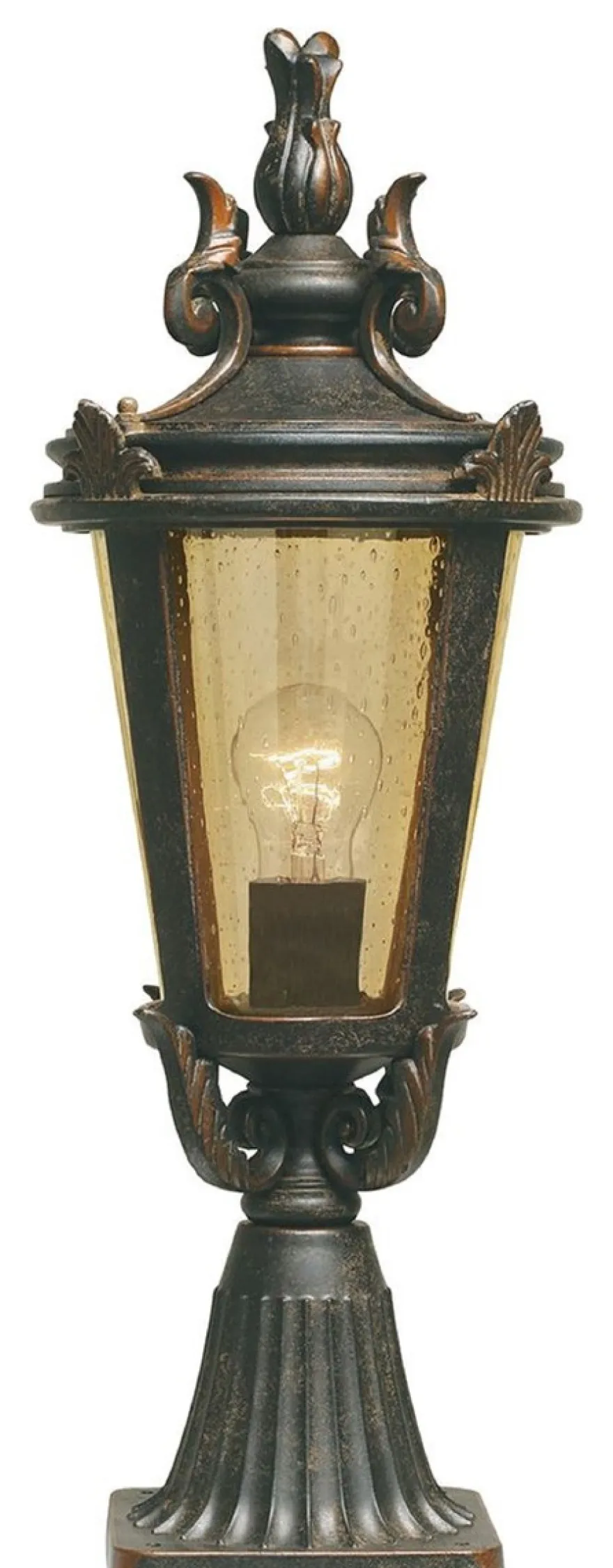 Casa Padrino Barock Sockelleuchte Antik Schwarz / Bronze / Bernsteinfarben Ø 22,5 x H. 56 cm - Wetterfeste Garten Terrassen Außenleuchte Stehleuchte Gartenlaterne - Nostalgische Außenbeleuchtung