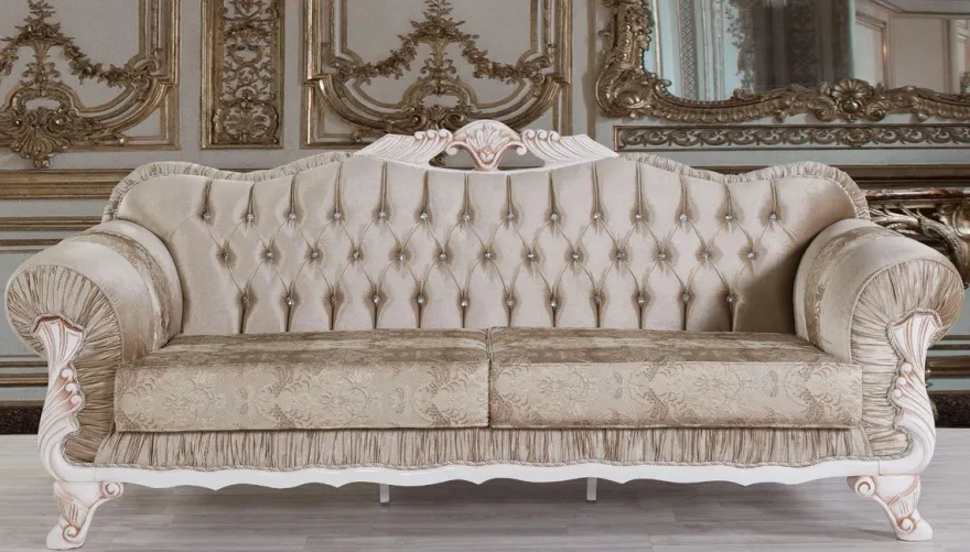 Casa Padrino Barock Sofa Braun / Weiß / Beige 230 x 84 x H. 100 cm - Prunkvolles Wohnzimmer Sofa mit Glitzersteinen - Barockstil Möbel