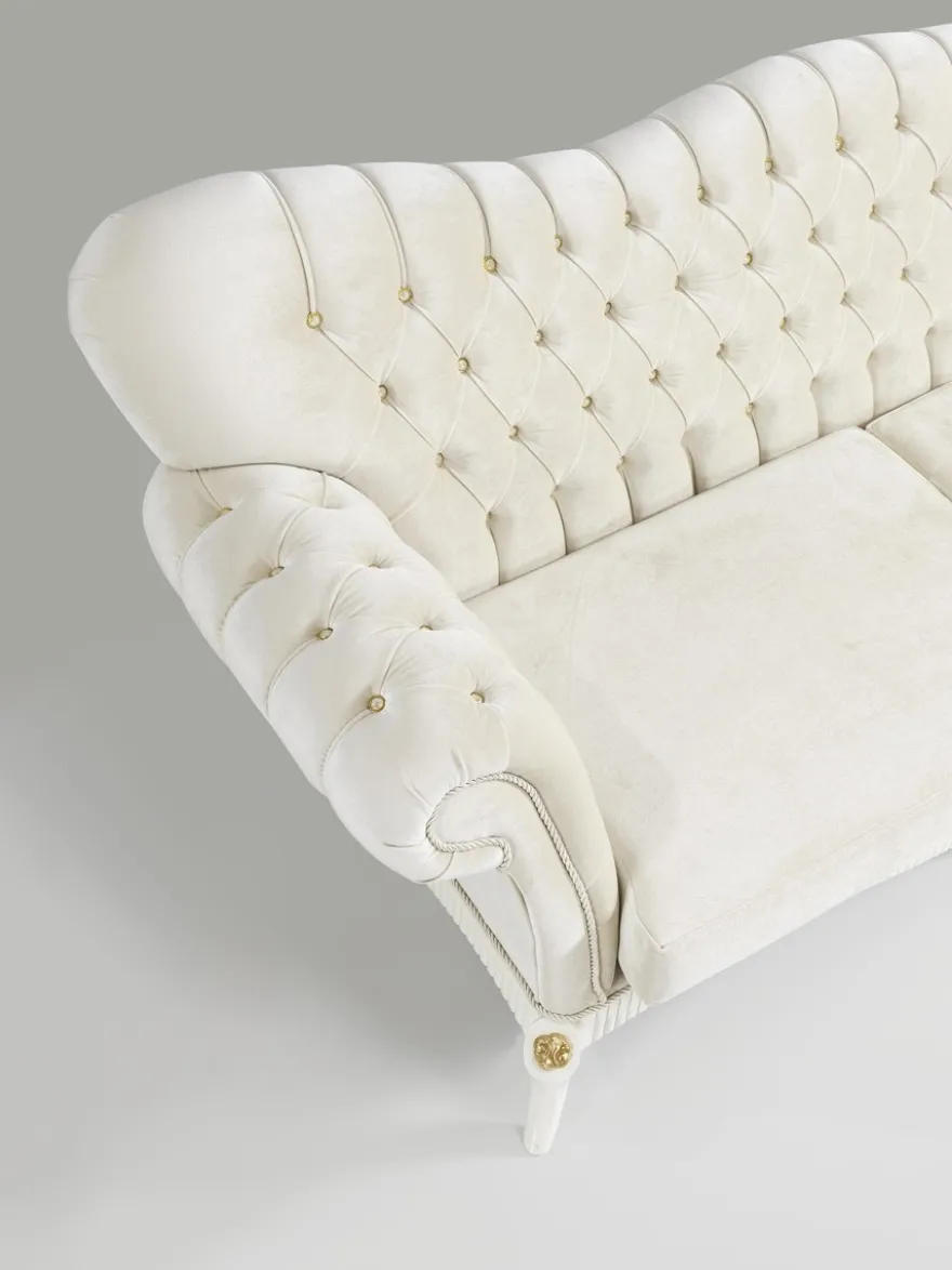 Casa Padrino Barock Sofa Creme / Weiß / Gold 224 x 83 x H. 112 cm - Wohnzimmer Sofa mit Glitzersteinen - Edle Barock Möbel