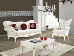 Casa Padrino Barock Sofa Creme / Weiß / Gold 224 x 83 x H. 112 cm - Wohnzimmer Sofa mit Glitzersteinen - Edle Barock Möbel