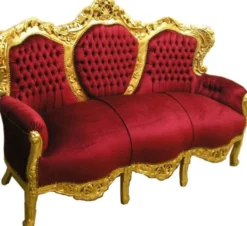 Casa Padrino Barock Sofa Garnitur King Bordeaux / Gold 184 x 81 x 125 cm - Massives Echtholz mit Samtstoff