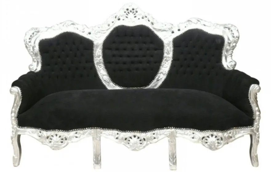 Casa Padrino Barock Sofa Garnitur King Schwarz/Silber - Luxus Couch aus massivem Echtholz - 184 x 81 x 125 cm