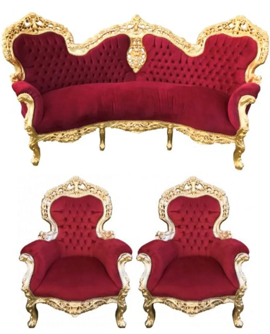 Casa Padrino Barock Sofa Garnitur Bordeaux/Gold + 2 Sessel - Wohnzimmer Barock - Limited Edition