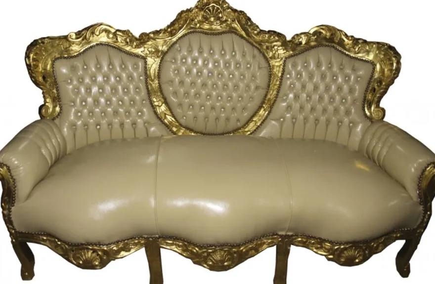 Casa Padrino Barock Sofa Garnitur Creme / Gold Lederoptik mit Bling Bling Glitzersteinen 184 x 81 x 125 cm