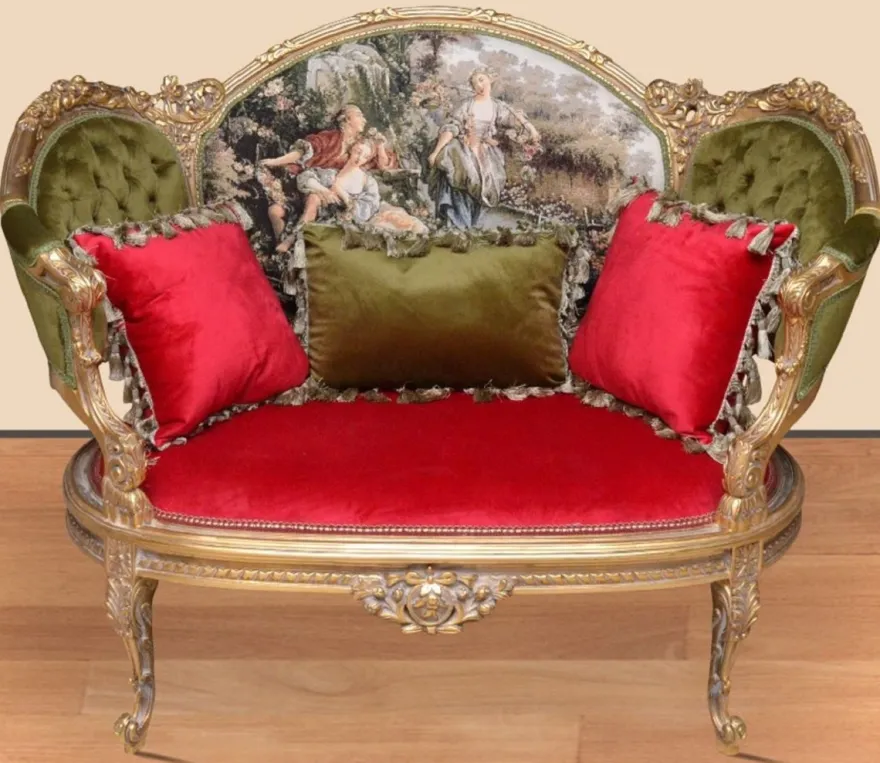Casa Padrino Barock Sofa Grün / Rot / Mehrfarbig / Gold - Handgefertigtes Wohnzimmer Sofa im Barockstil - Barock Wohnzimmer Möbel