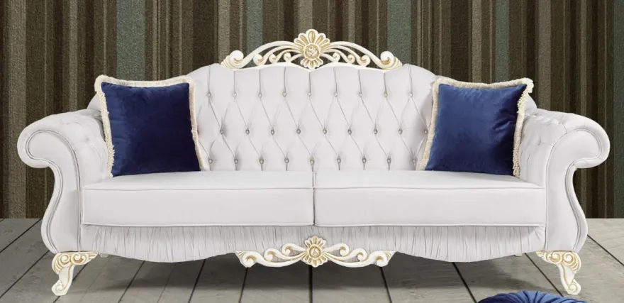 Casa Padrino Barock Sofa Hellgrau / Weiß / Gold 235 x 85 x H. 112 cm - Edles Wohnzimmer Sofa mit Glitzersteinen - Barock Möbel