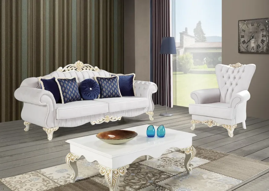 Casa Padrino Barock Sofa Hellgrau / Weiß / Gold 235 x 85 x H. 112 cm - Edles Wohnzimmer Sofa mit Glitzersteinen - Barock Möbel
