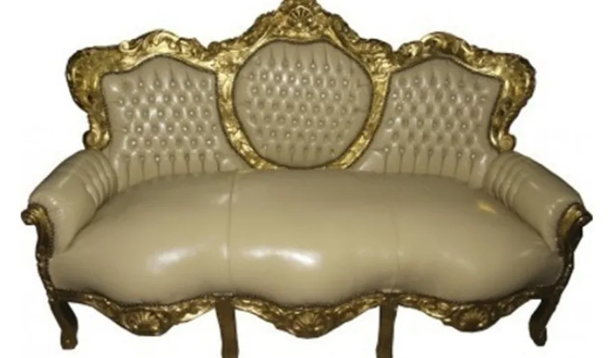 Casa Padrino Barock Sofa King Creme Lederoptik / Gold - Antik Stil Möbel - 180 x 125 x 81 cm